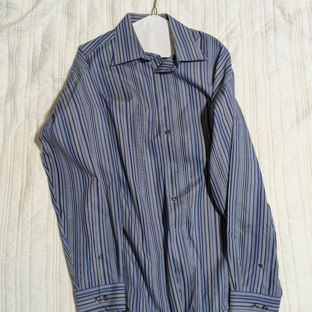 Pronto Uomo Men’s Blue Multi-Stripe Long-Sleeve Dress Shirt – Size Large